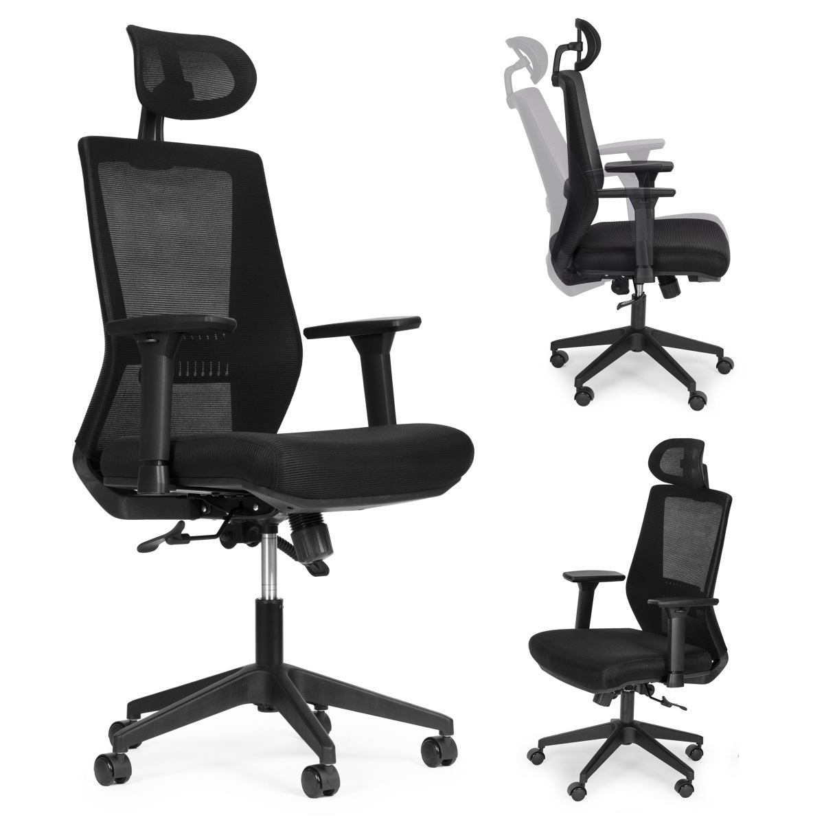 Otočná kancelářská židle s ergonomickým opěradlem a hlavovou opěrkou, nastavitelná