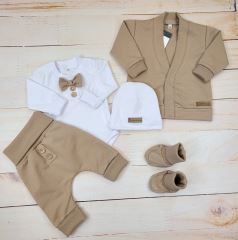 Bavlněná sada, body, kalhoty, motýlek a čepice Elegant Boy 5D, Kazum, mocca/bílá (3)