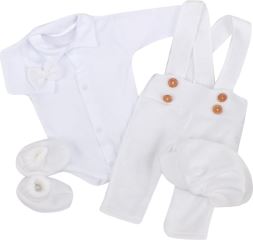 Z&Z 5-dílná pletená sada Boy, body, kalhoty, čepička, motýlek, botičky, bílá (1)