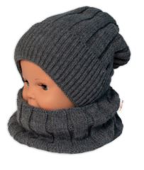 Dětská zimní nadčasová čepice + komínek , tm. šedá, BABY NELLYS (1)