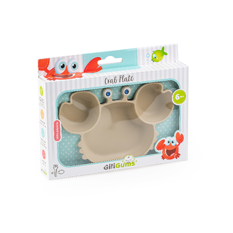 GILIGUMS Silikonový talíř Krabík s přísavkou – 3 přihrádky, 6m+, béžový