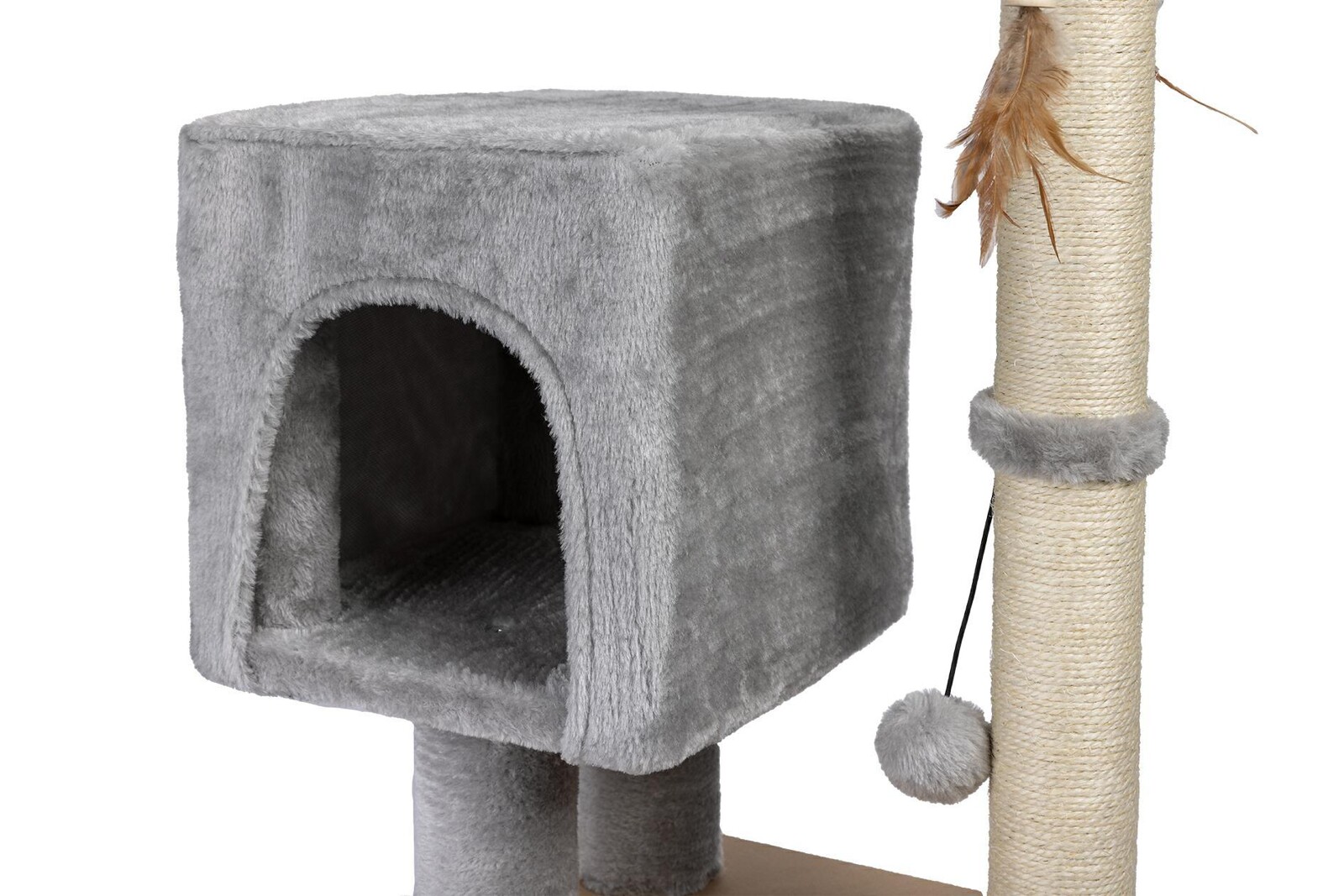 Škrabadlo pro kočky Cat Tree 64 cm s úkrytem – MDF, sisal, plyš, světle šedá