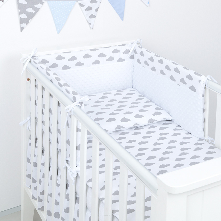 Mantinel s povlečením do postýlky, 3D sada, Obláčky, 135x100 cm, bílá, šedá