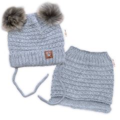 Zimní pletená čepice Star s fleecem a chlupáčkové bambulky+komínek 2D sada, šedý melírek (3)