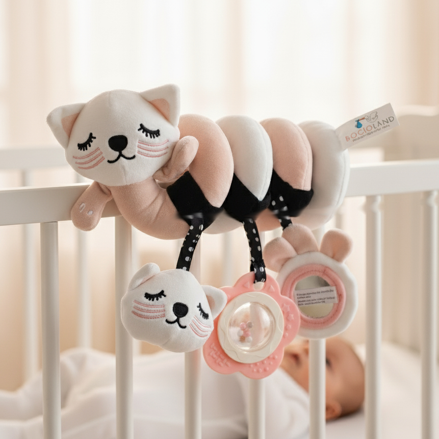 Plyšová senzorická spirála + plyšové pískátko Kočička - růžová, bílá