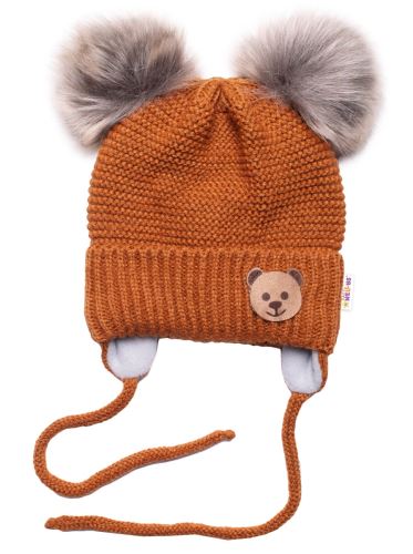 Dětská zimní čepice s fleecem Teddy Bear - chlupáčk. bambulky - hnědá, šedá