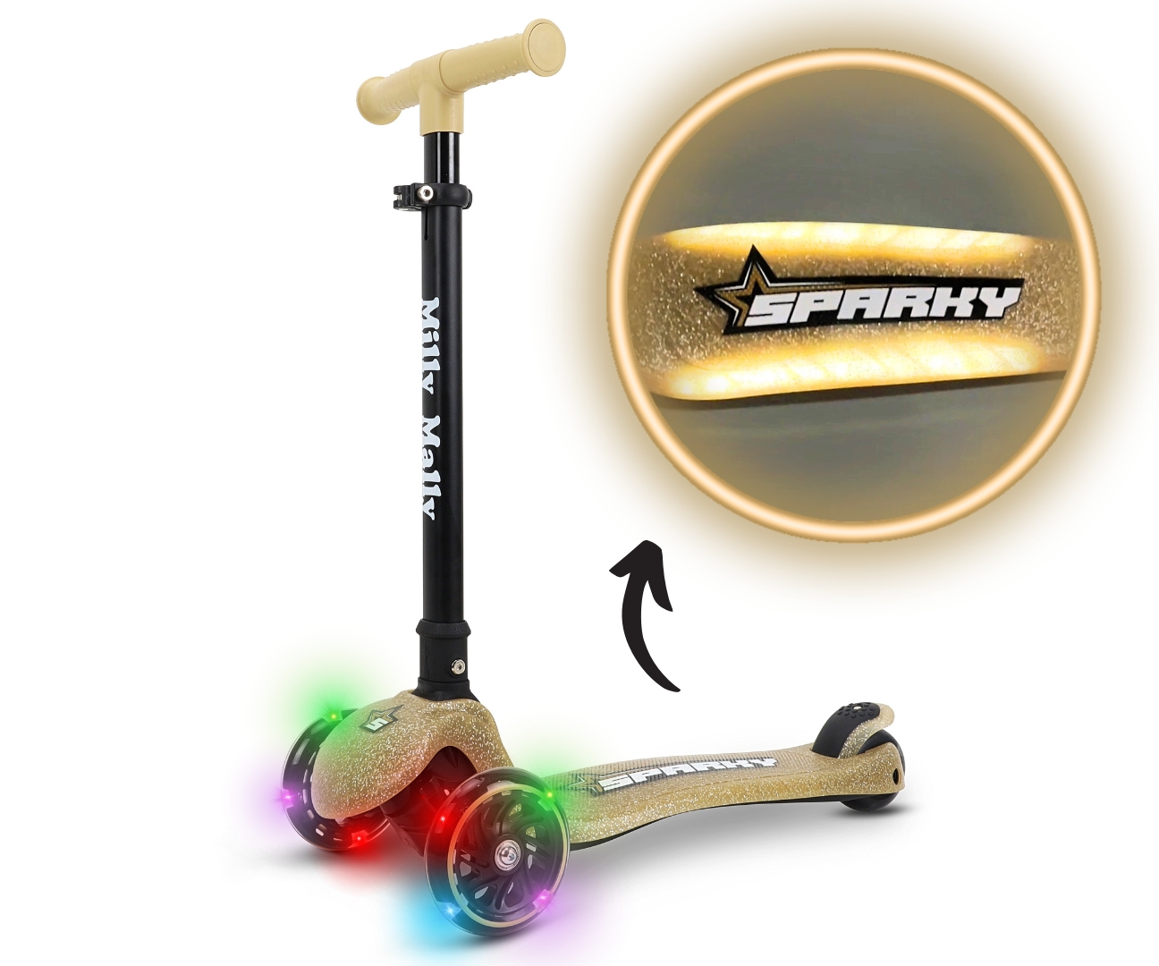 Dětská koloběžka SPARKY LED tříkolová – svítící kolečka, nastavitelná, béžová