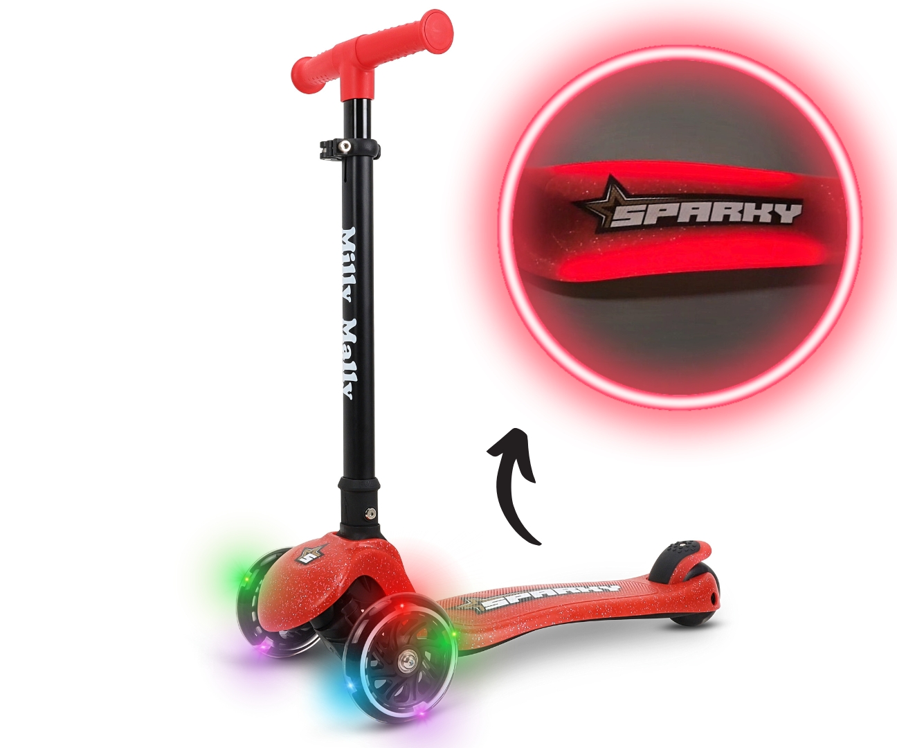 Dětská koloběžka SPARKY LED tříkolová – svítící kolečka, nastavitelná, červená