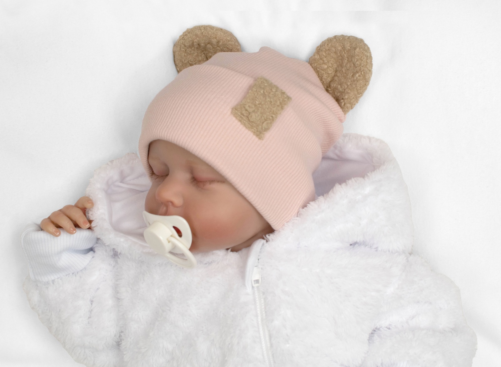 Dvouvrstvá žebrovaná čepička s oušky boucle medvídek - růžová, 68/74