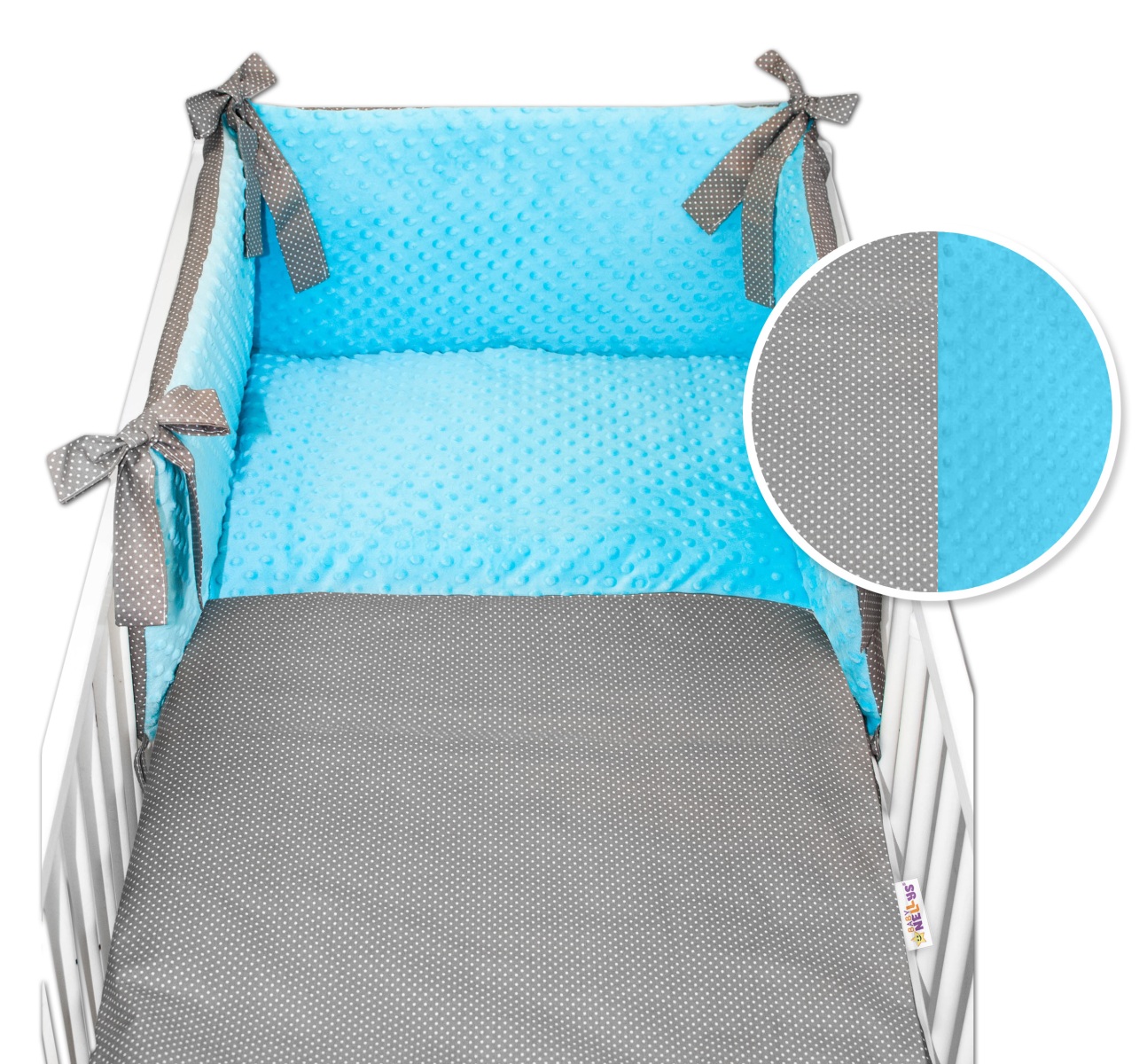 3-dílná sada mantinel s povlečením minky Baby Nellys - Tečky, minky tyrkys/tm. šedá