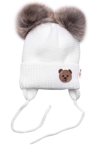 Dětská zimní čepice s fleecem Teddy Bear - chlupáčk. bambulky - bílá, šedá