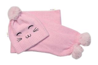 Zimní čepice s bambulí + šál, Kitty, Baby Nellys - růžová, vel. 54/58 Zimní čepice s bambulí + šál, Kitty, Baby Nellys - růžová, vel. 54/58