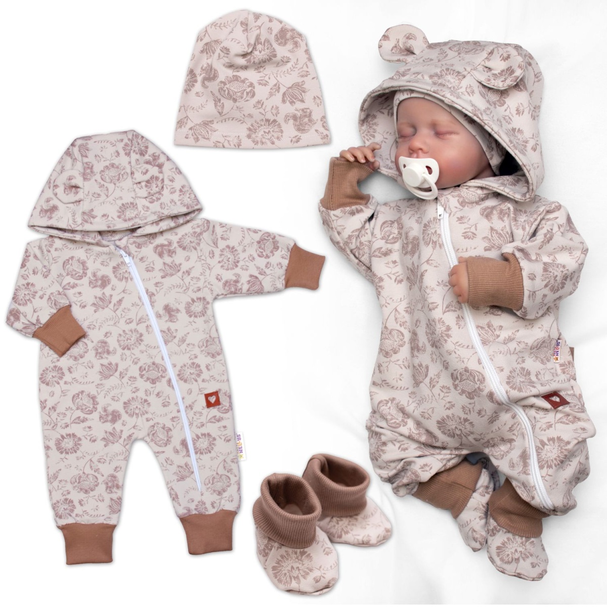 Rostoucí overálek, čepička a botičky, 3D, bavlna, Garden - béžová/hnědá, vel. 62/68