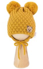 Zimní pletená čepice Teddy Bear na zavazování, hořčicová, Baby Nellys (2)