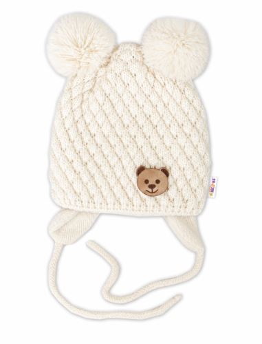 Zimní pletená čepice Teddy Bear na zavazování, ecru, Baby Nellys