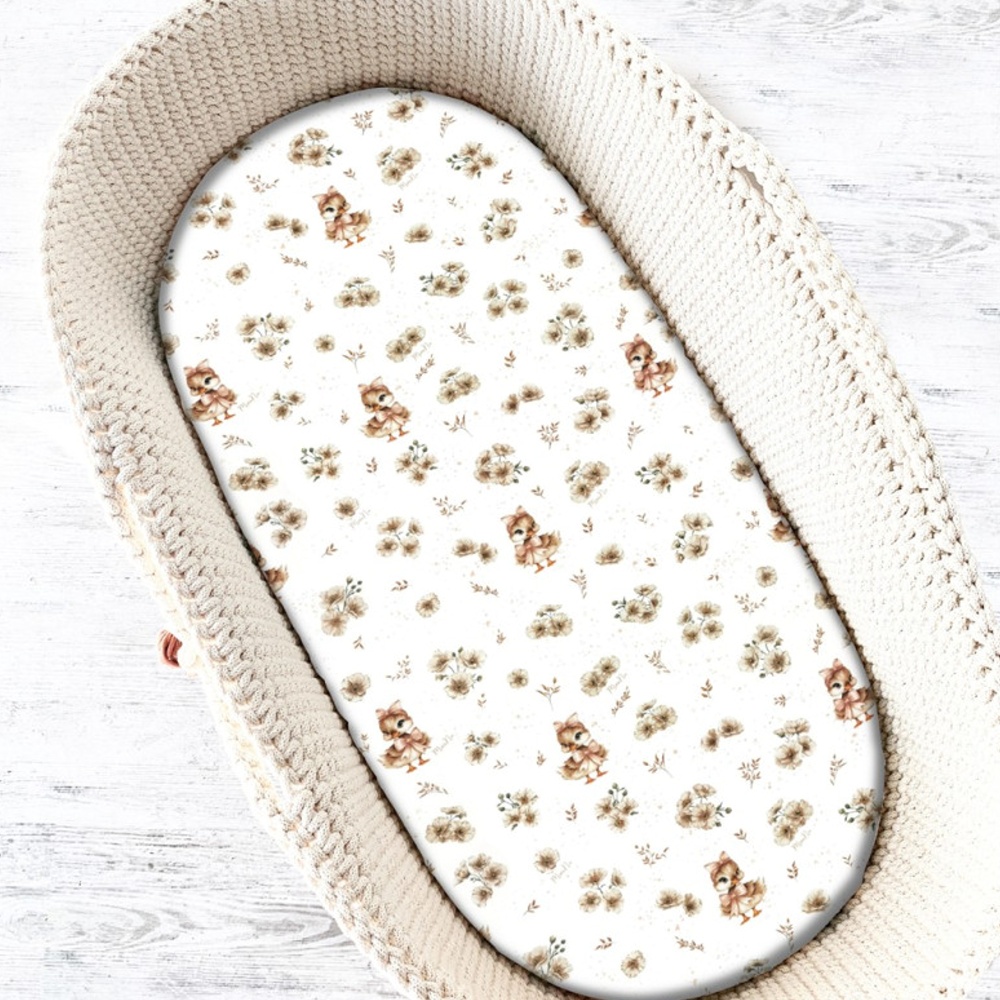 Prostěradlo do kočárku, koše, bavlna, Kačenky - bílá, béžová