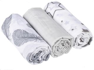 Mušelínové pleny 3ks Lux - Pírka, hvězdičky, 70 x 80 cm, šedá/bílá