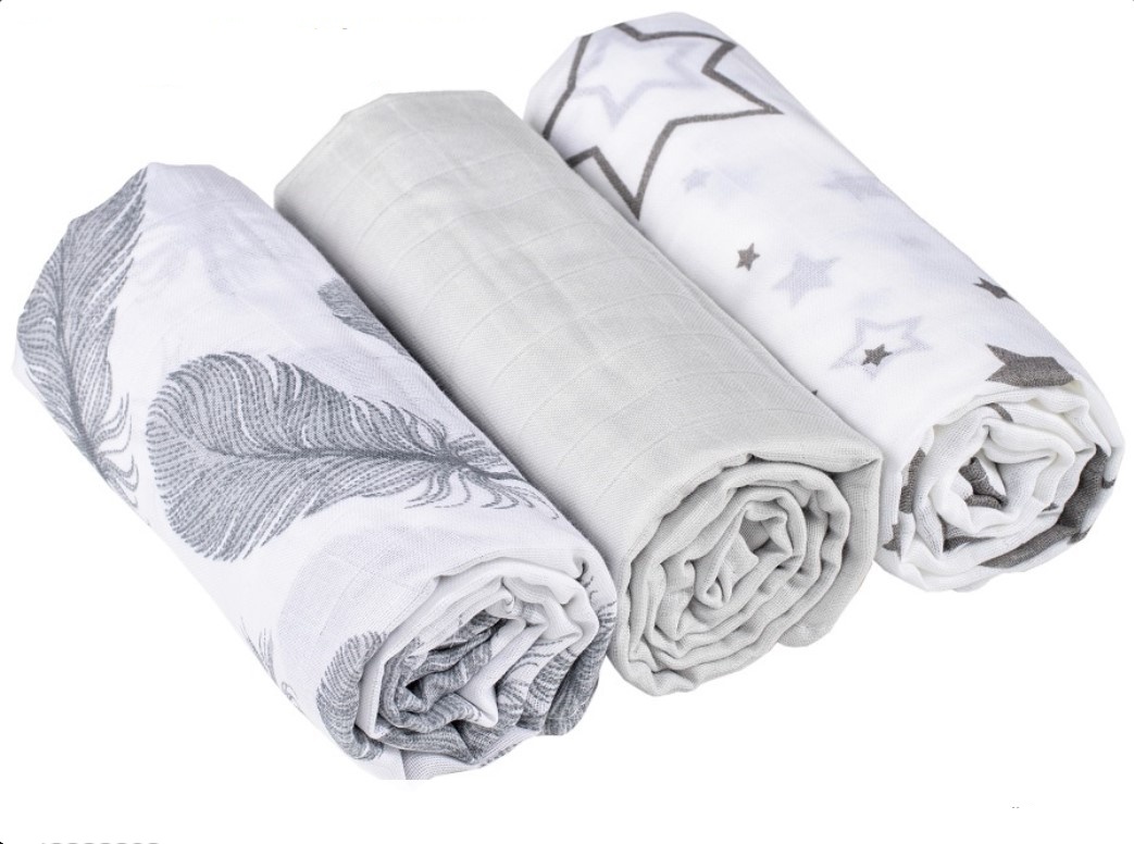 Mušelínové pleny 3ks Lux - Pírka, hvězdičky, 70 x 80 cm, šedá/bílá