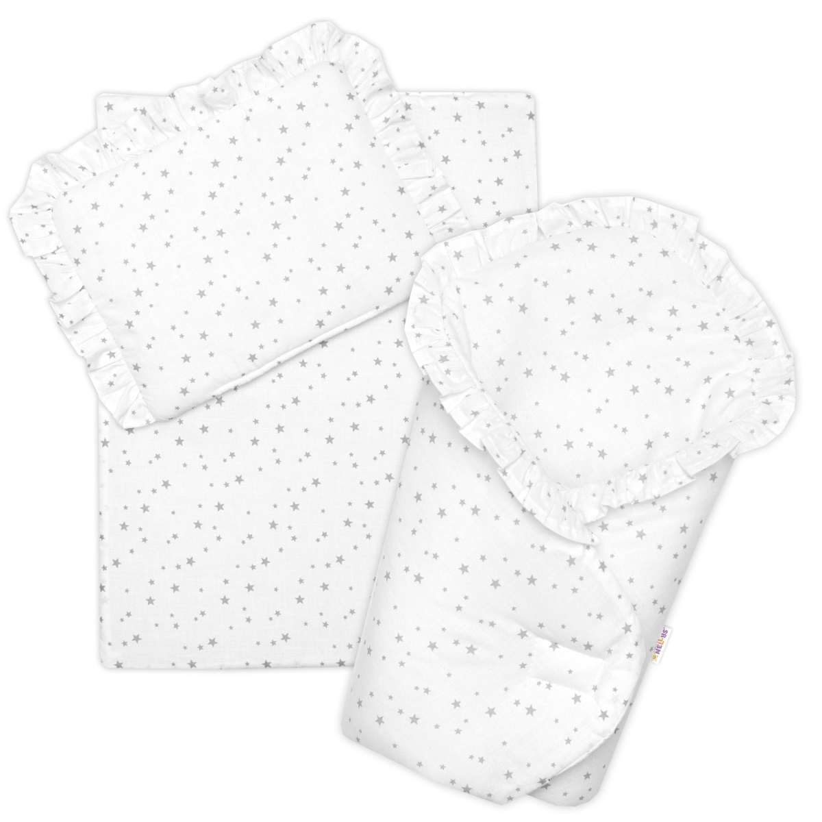 Sada pro panenku 3D - zavinovačka, peřinka a polštářek, Hvězdičky,bílá/šedá