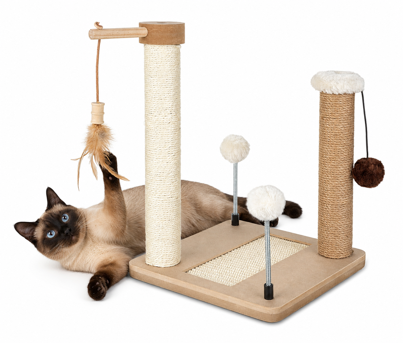 Škrabadlo pro kočky Cat Tree 40 cm – MDF, sisal, juta, míčky na pružinách a šňůrkách