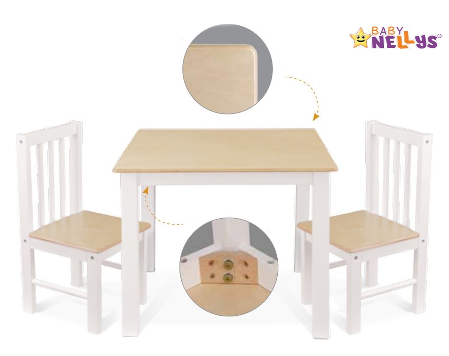 BABY NELLYS Dětský nábytek - 3 ks,  stůl s židličkami - bílá, B/07