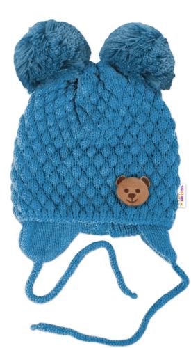 Zimní pletená čepice Teddy Bear na zavazování, modrá, Baby Nellys (3)