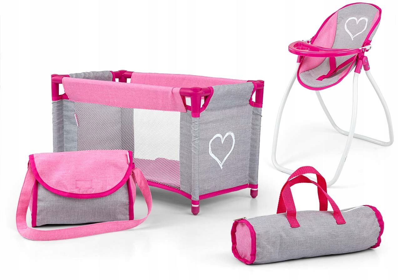 Sada pro panenky 5v1, postýlka, židlička a houpačka pro panenky Elsa - šedá, růžová
