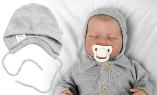 Pletená čepička na zavazování bonetka Boy, Hand Made Baby Nellys, šedá Pletená čepička na zavazování bonetka Boy, Hand Made Baby Nellys, šedá
