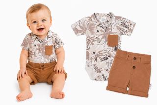 Baby Nellys 2-dílná sada body kr. rukáv, kraťásky, Koala - béžová, hnědá