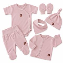 Sada do porodnice 6D, body, polodupačky, košilka, čepička, rukavičky, šátek, pudrová Sada do porodnice 6D, body, polodupačky, košilka, čepička, rukavičky, šátek, pudrová