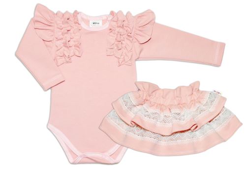 2-dílná sada, body dl.rukáv + suknička s krajkou a volánky, pudrová, Baby Nellys