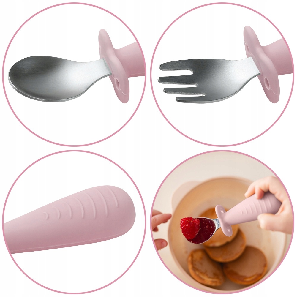 Dětský jídelní set BabyOno – silikonový talíř s přísavkou + příbory nerez/silikon, růžový