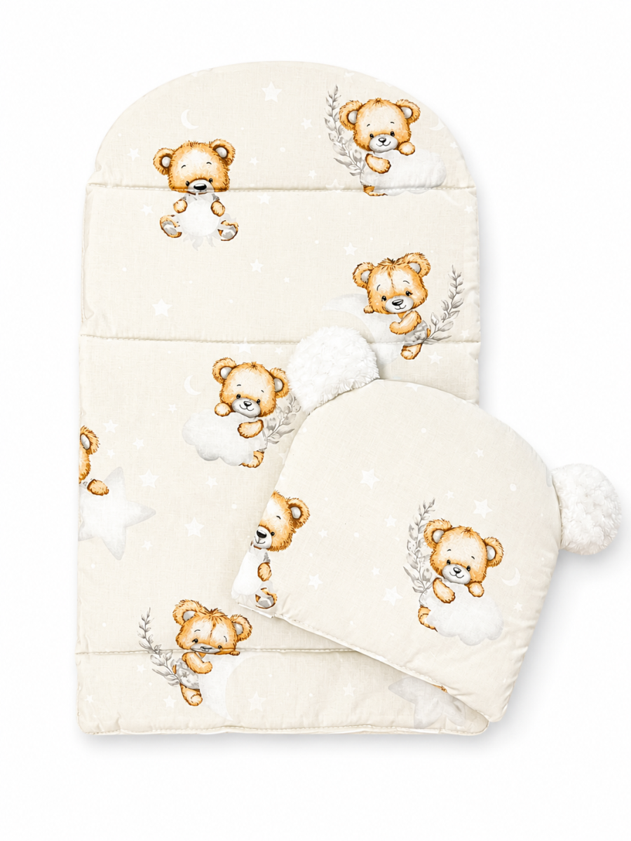 Oboustranné hnízdečko, podložka + polštářek 3D, Bavlna, Sleepy Teddy, béžové