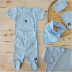 Sada do porodnice 6D, body, polodupačky, košilka, čepička, rukavičky, šátek, sv. modrá (5)