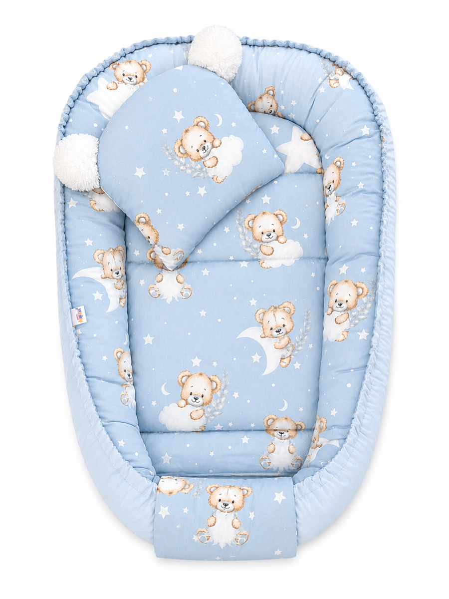 Oboustranné hnízdečko, podložka + polštářek 3D, Bavlna, Sleepy Teddy, modré