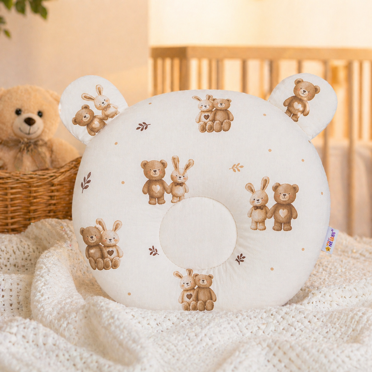 Bavlněný tvarovaný polštářek Medvídek a zajíček, bílá/béžová