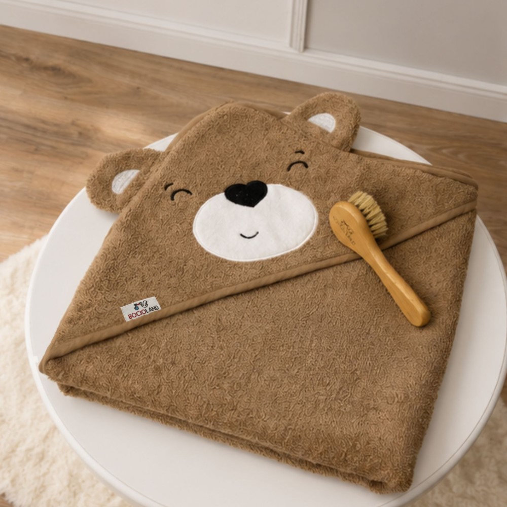 Dětská osuška s kapucí 95×95 cm Teddy Bocioland – měkká froté bavlna, 3D uši, hnědá