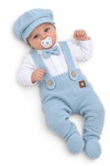 Pletená souprava Gentleman 3D, body, polodupačky s láclem, čepička, sv. modrá (1)