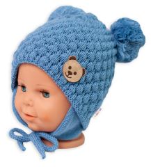 Zimní pletená čepice Teddy Bear na zavazování, modrá, Baby Nellys