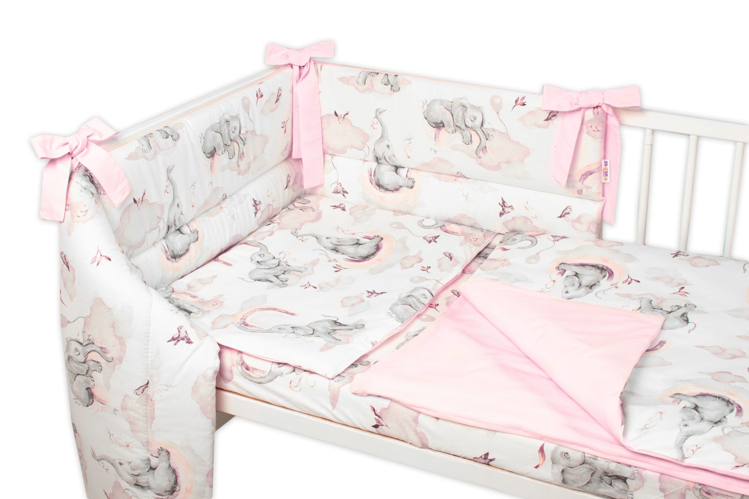 3-dílná sada Mantinel s povlečením Baby Nellys, Slon a Duha, růžová/bílá, 135 x 100 cm