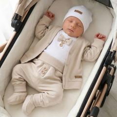 Bavlněná sada, body, kalhoty, motýlek a čepice Elegant Boy 5D, béžová/bílá (2)