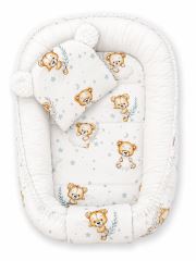 Oboustranné hnízdečko, podložka + polštářek 3D, Bavlna, Sleepy Teddy, bílé