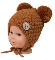 Zimní pletená čepice Teddy Bear na zavazování, hnědá, Baby Nellys
