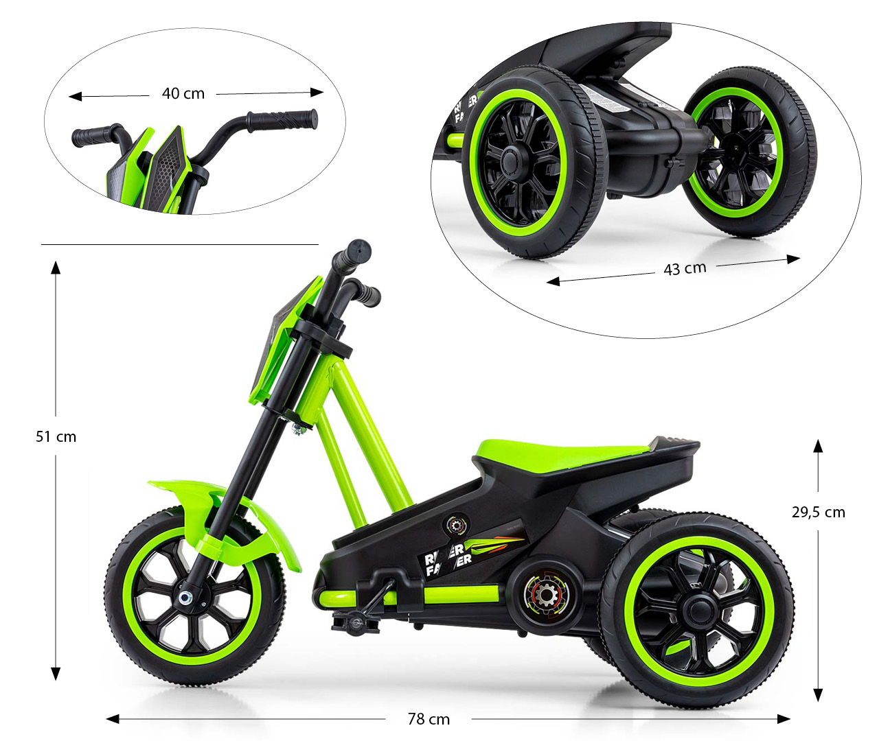 Dětská motokára RIDER – šlapací gokart, 3+, nosnost 30 kg - zelená
