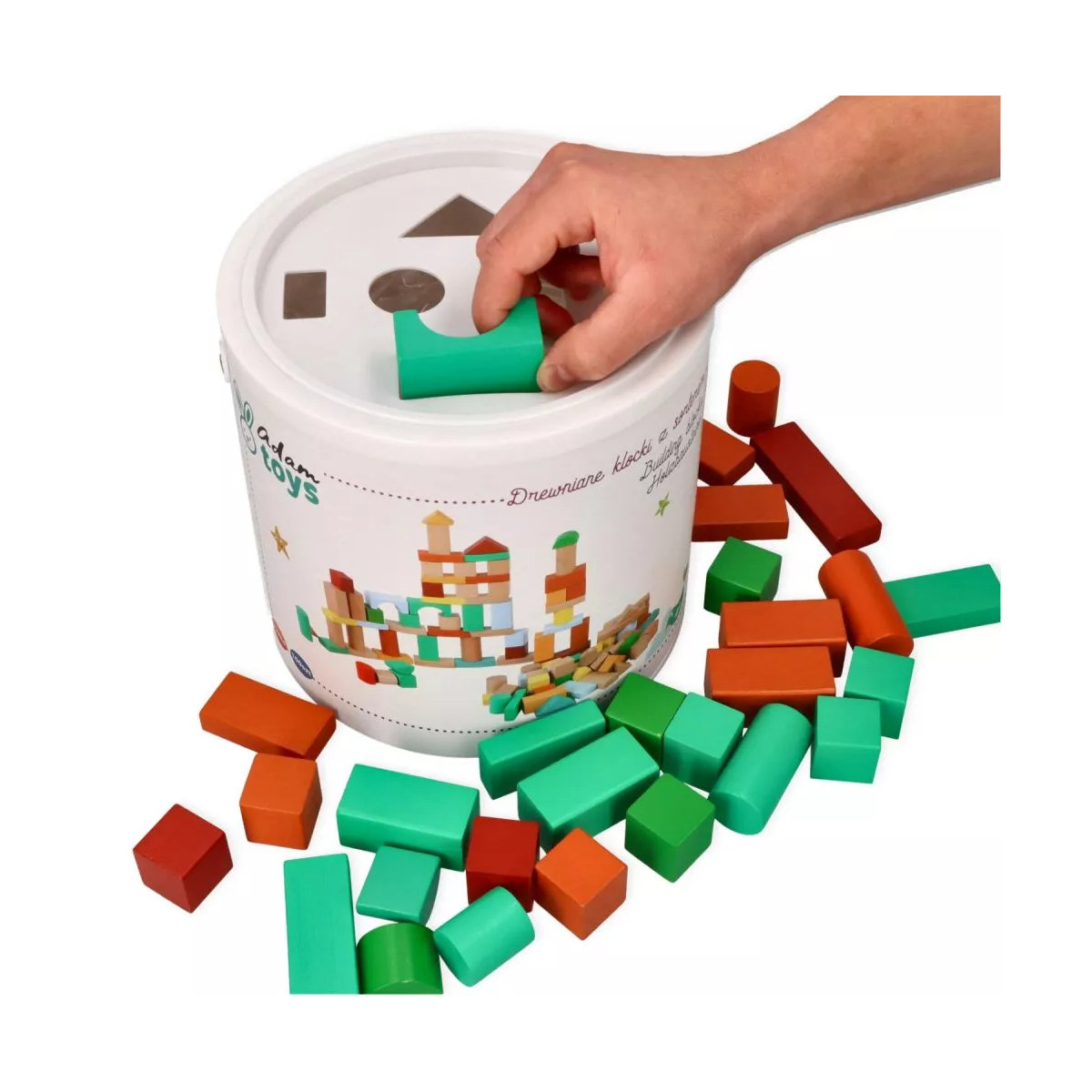Dřevěné stavební kostky Adam Toys, 100 ks v kyblíku se sorterem – barevné kostky pro děti