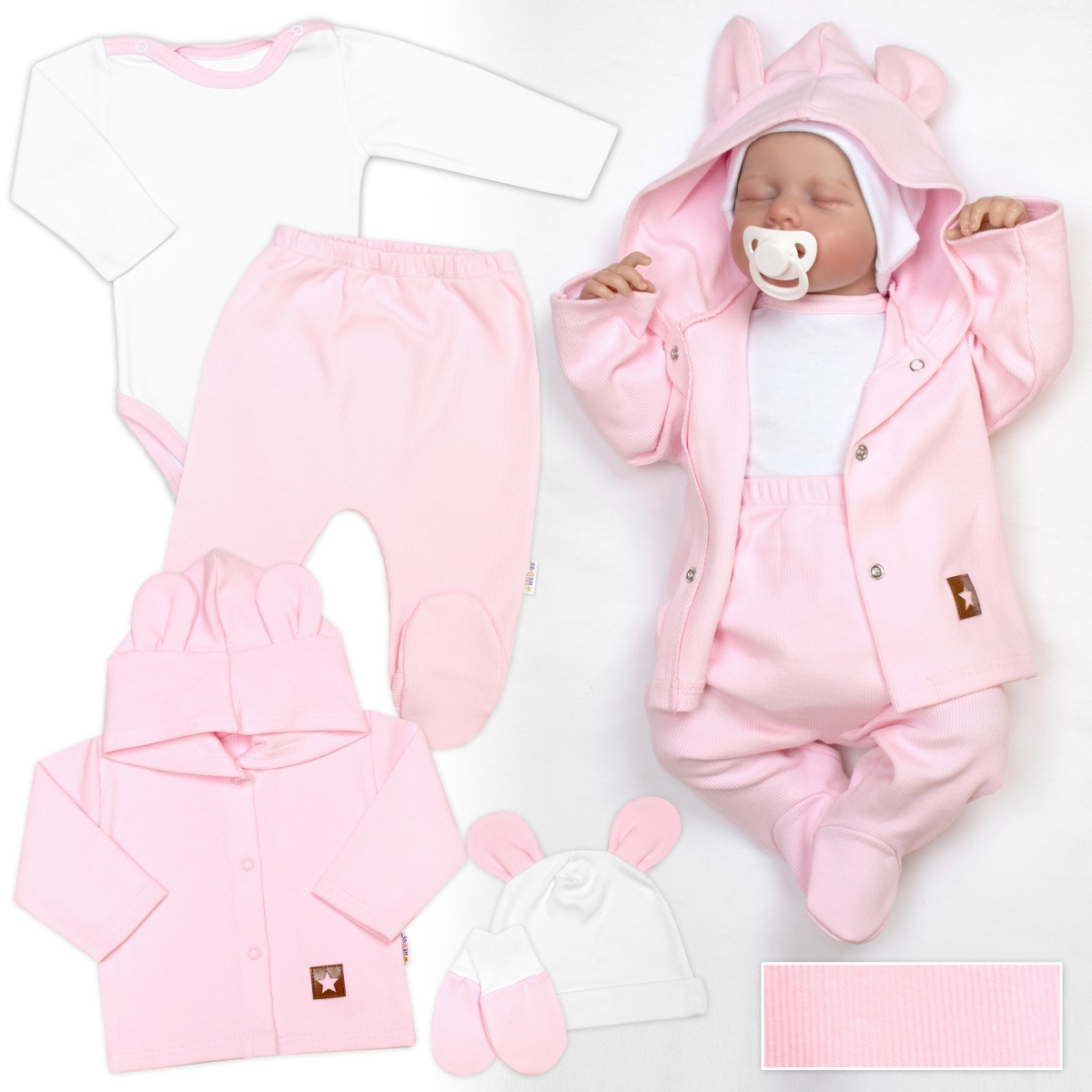 Žebrovaná sada, Star 5D, body, polodupačky, kabátek, čepička, rukavice - růžová, bílá,68