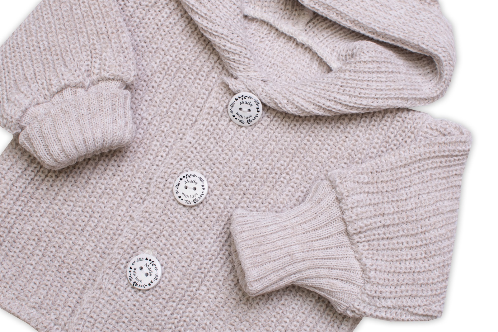 Pletený svetřík s kapucí a knoflíčky Made with Love, béžový melírek, vel. 68/74