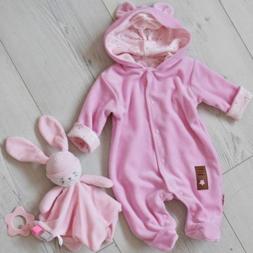 Semiškový, velurový overal s kapucí Baby Nellys New Bunny, růžový