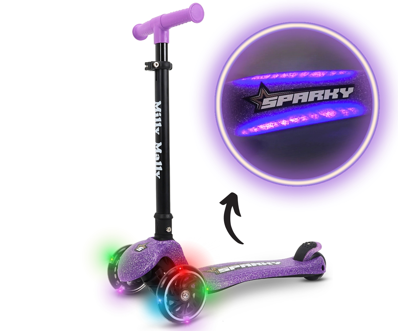 Dětská koloběžka SPARKY LED tříkolová – svítící kolečka, nastavitelná, fialová