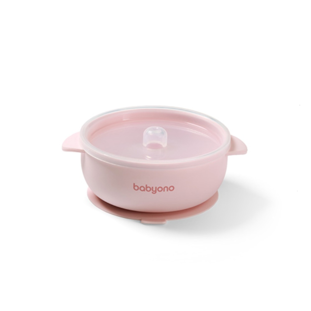 Silikonová miska s přísavkou a víčkem  - růžová